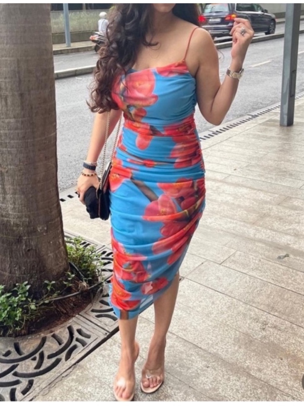 ZARA DRAPED PRINTED TULLE DRESS
